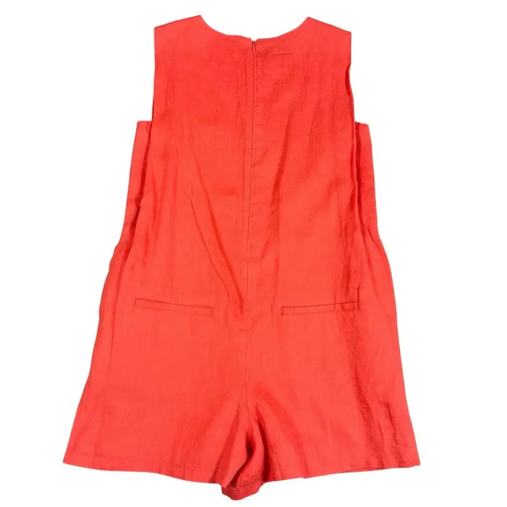 Banana Republic 100% Linen Romper XS Coral Sunset Red Sleeveless Summer Coastal